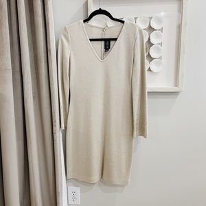 St. John Gold/Beige Shimmer Embellished Sleeve V-Neck Dress